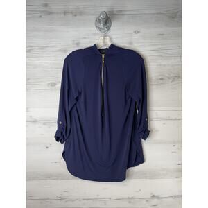 JM Collection Shirt Womens‎ Medium Navy Zip Front Hooded Tunic Top Stretch